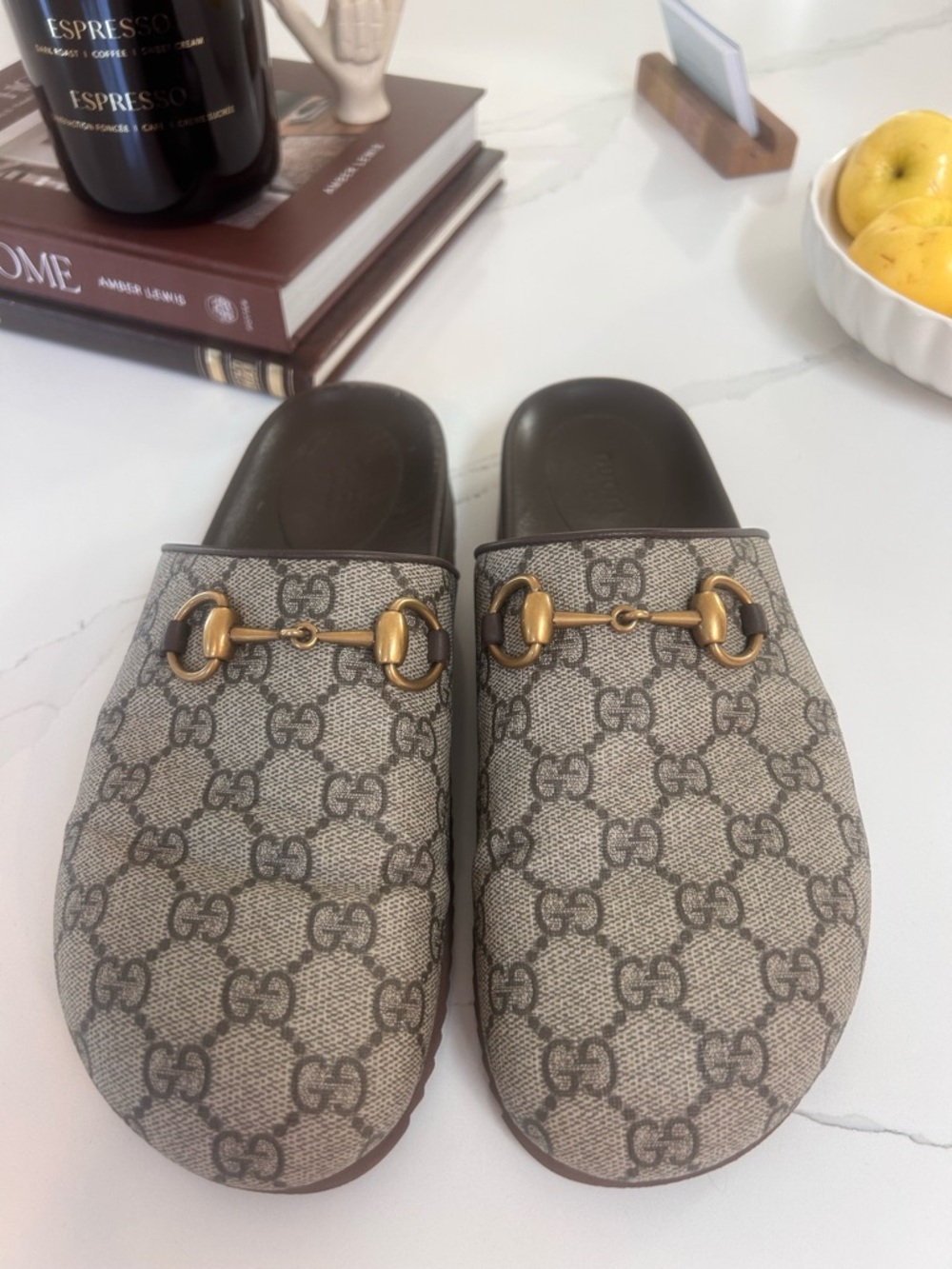 Gucci Beige GG Canvas Horsebit Slip-On Mules with Gold Hardware